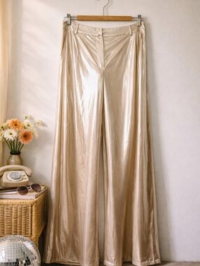 Main Strip Retro Disco Style Wide Leg Pants Size L Gold Metallic Flowy Shimmery